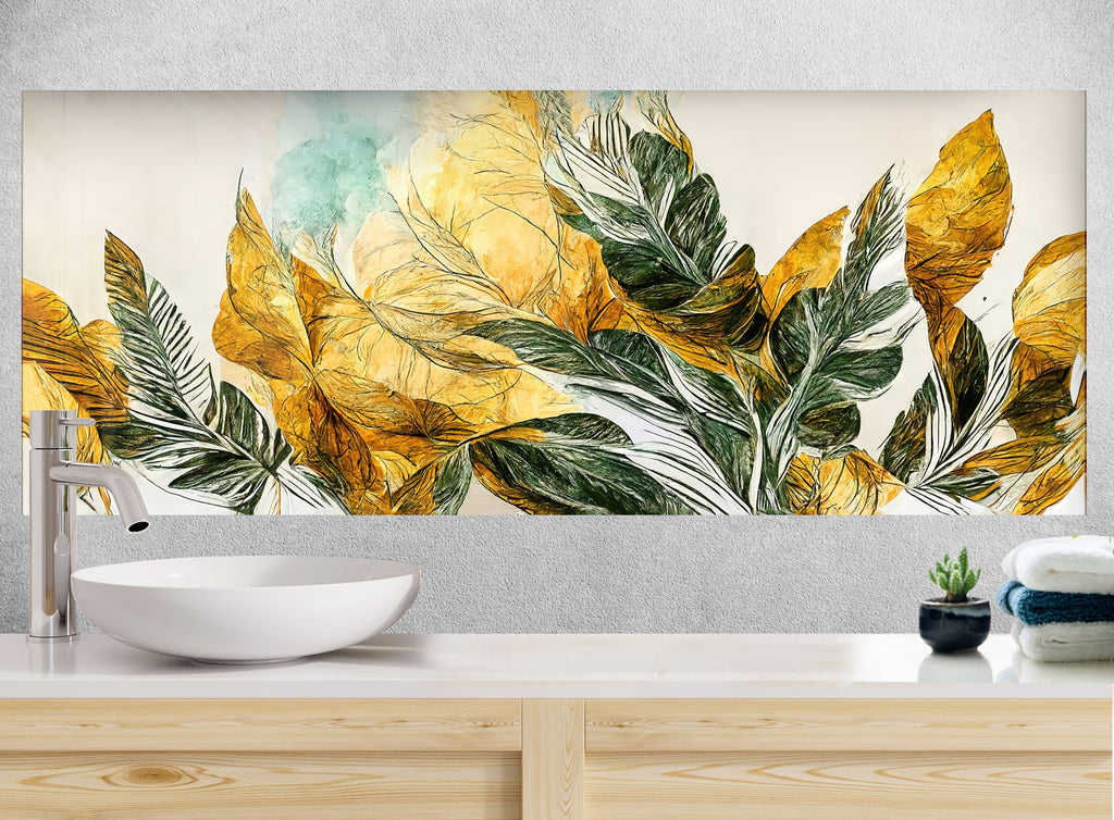 Golden Botanical Elegance Luxurious - Glass Kitchen Backsplash-BacksplashArtworks
