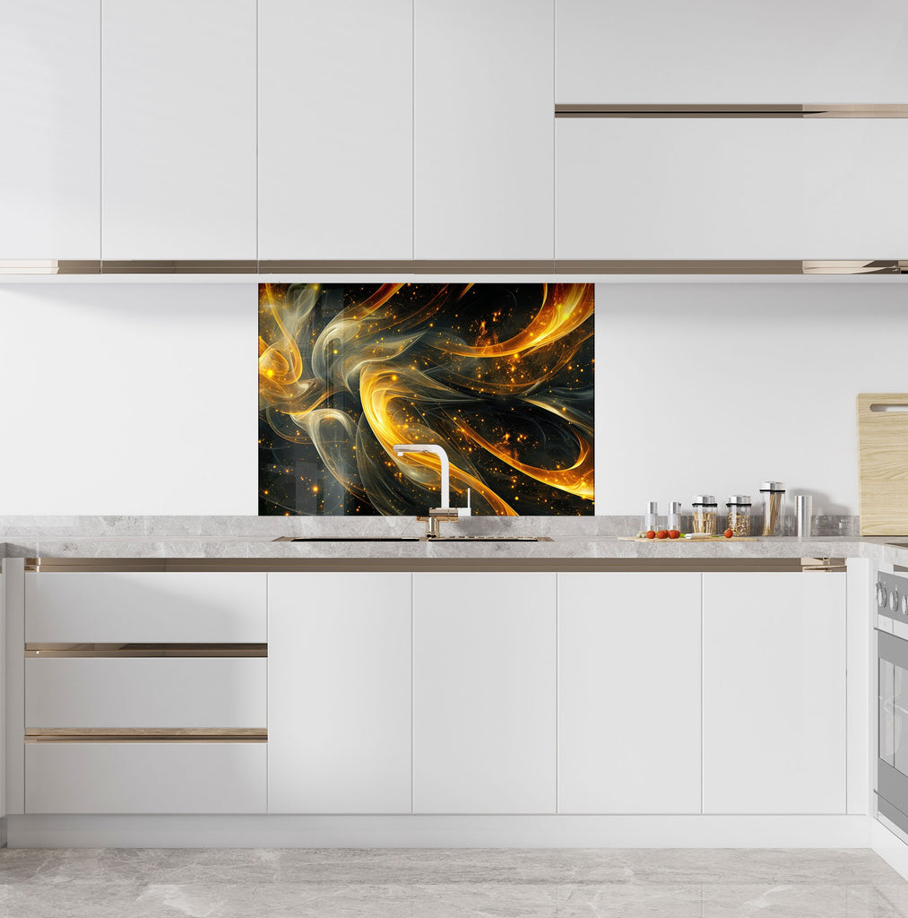Golden Ember Luxurious - Tempered Glass Kitchen Backsplash-BacksplashArtworks