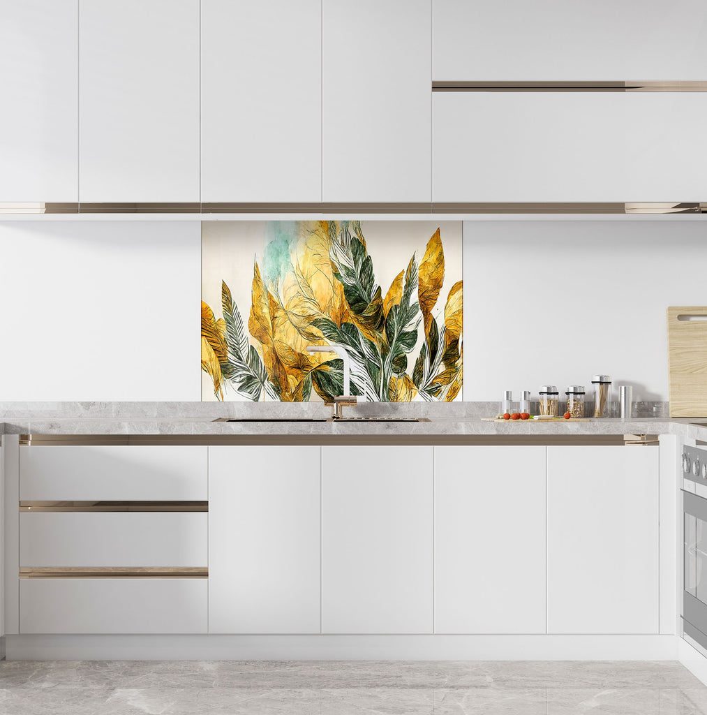 Golden Botanical Elegance Luxurious - Glass Kitchen Backsplash-BacksplashArtworks
