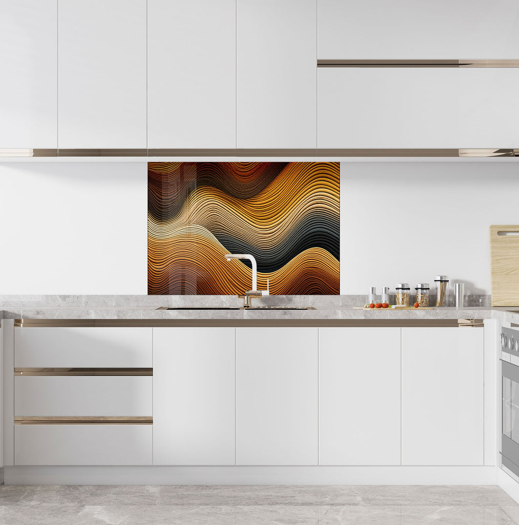 Golden Waves Luxurious - Glass Kitchen Backsplash-BacksplashArtworks