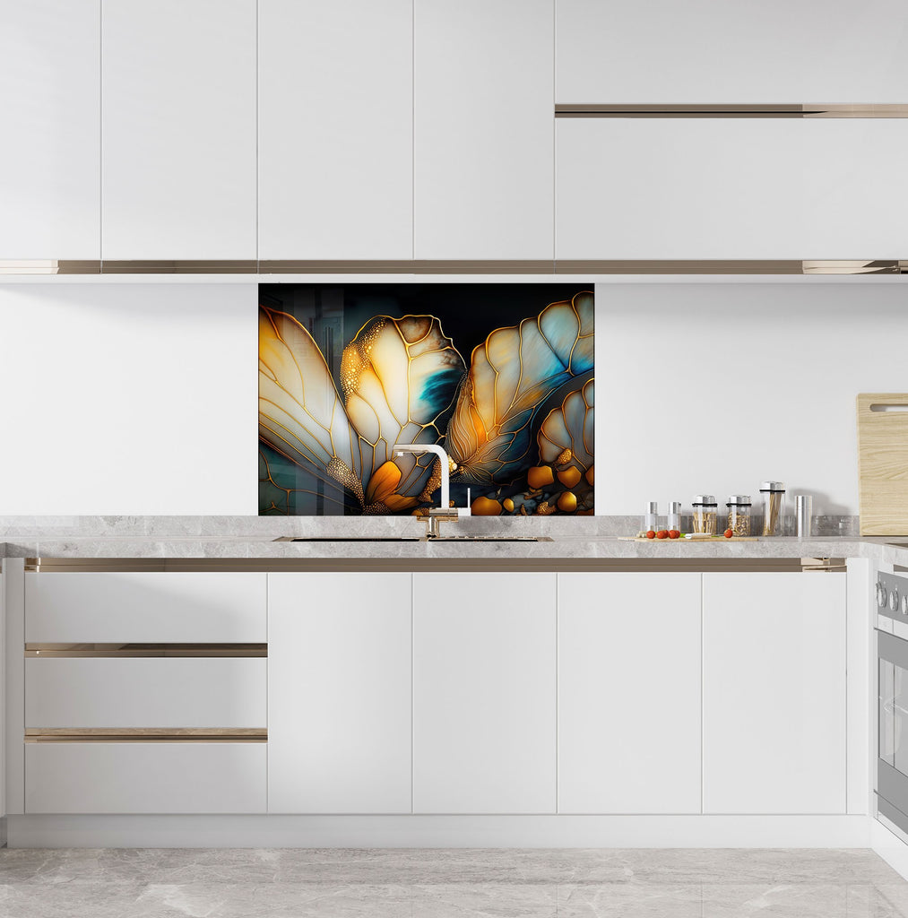 Golden Butterfly Elegance Luxurious - Glass Kitchen Backsplash-BacksplashArtworks