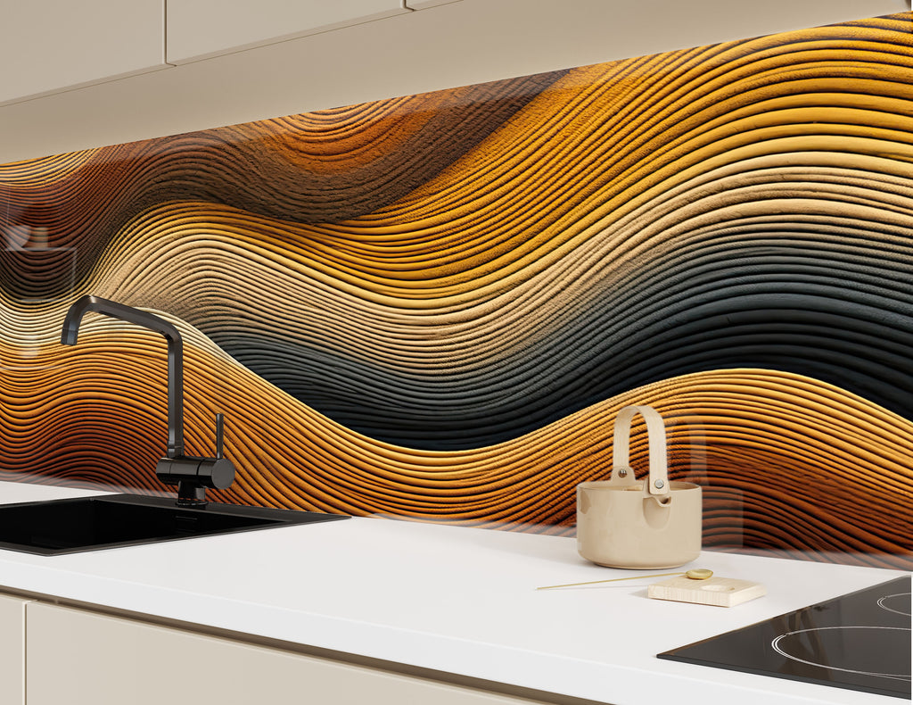 Golden Waves Luxurious - Glass Kitchen Backsplash-BacksplashArtworks