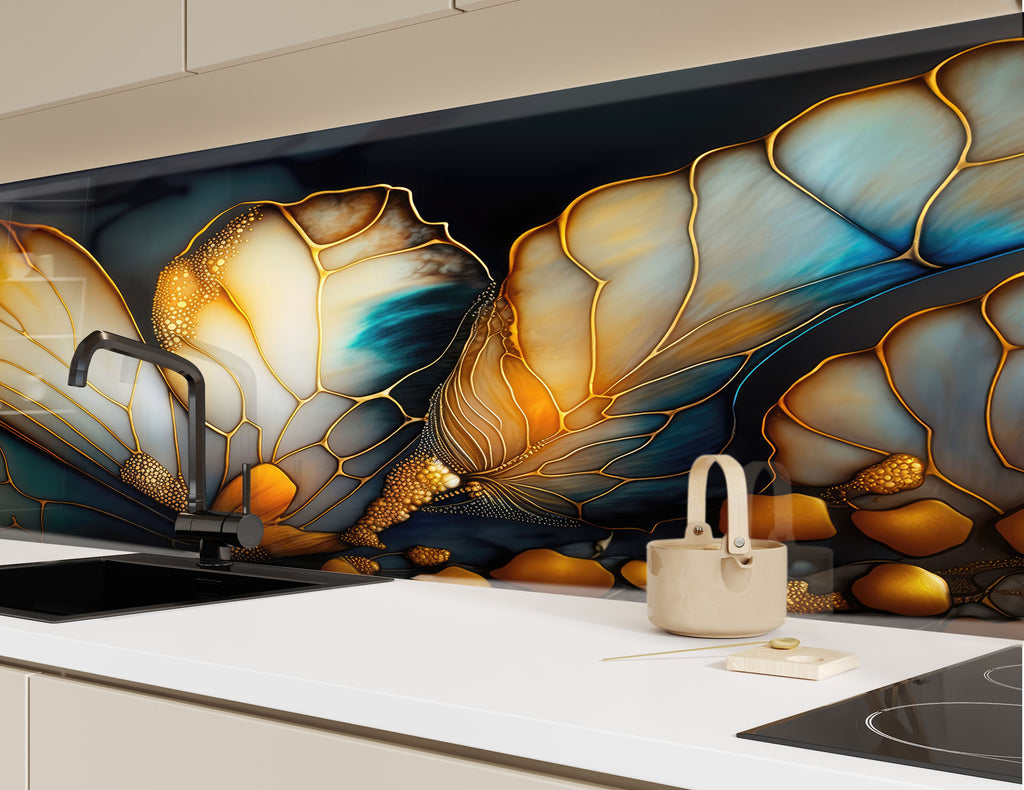 Golden Butterfly Elegance Luxurious - Glass Kitchen Backsplash-BacksplashArtworks
