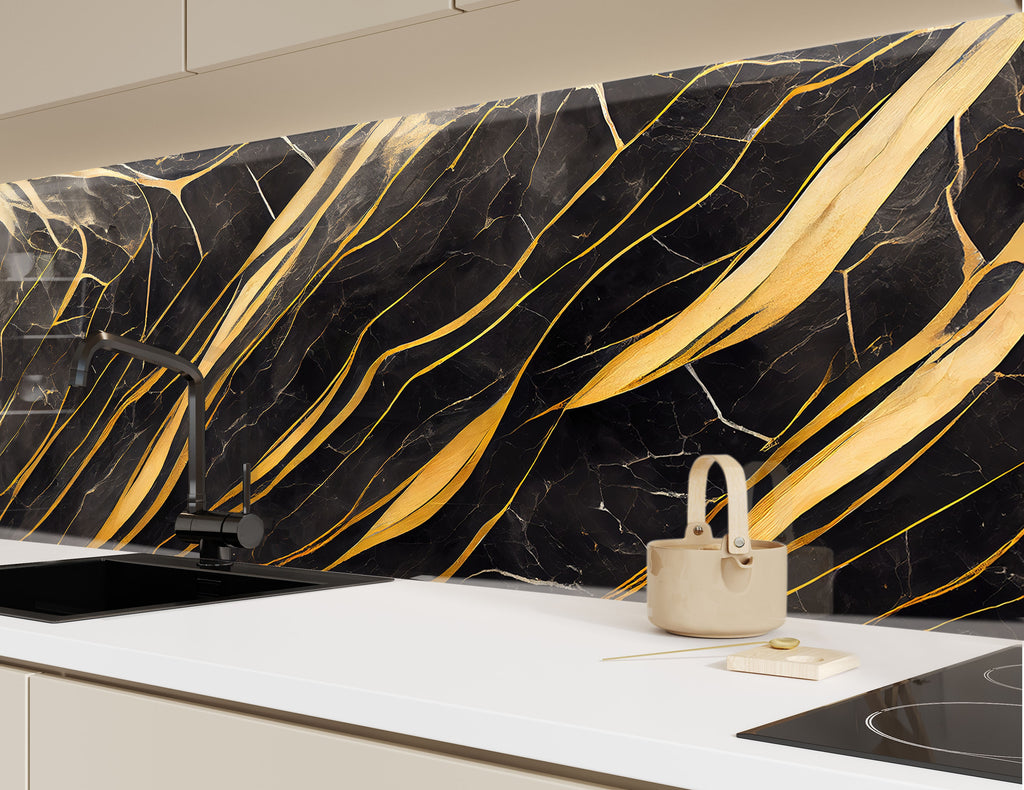 Golden Veins Luxurious - Glass Kitchen Backsplash-BacksplashArtworks