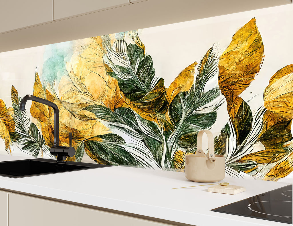 Golden Botanical Elegance Luxurious - Glass Kitchen Backsplash-BacksplashArtworks