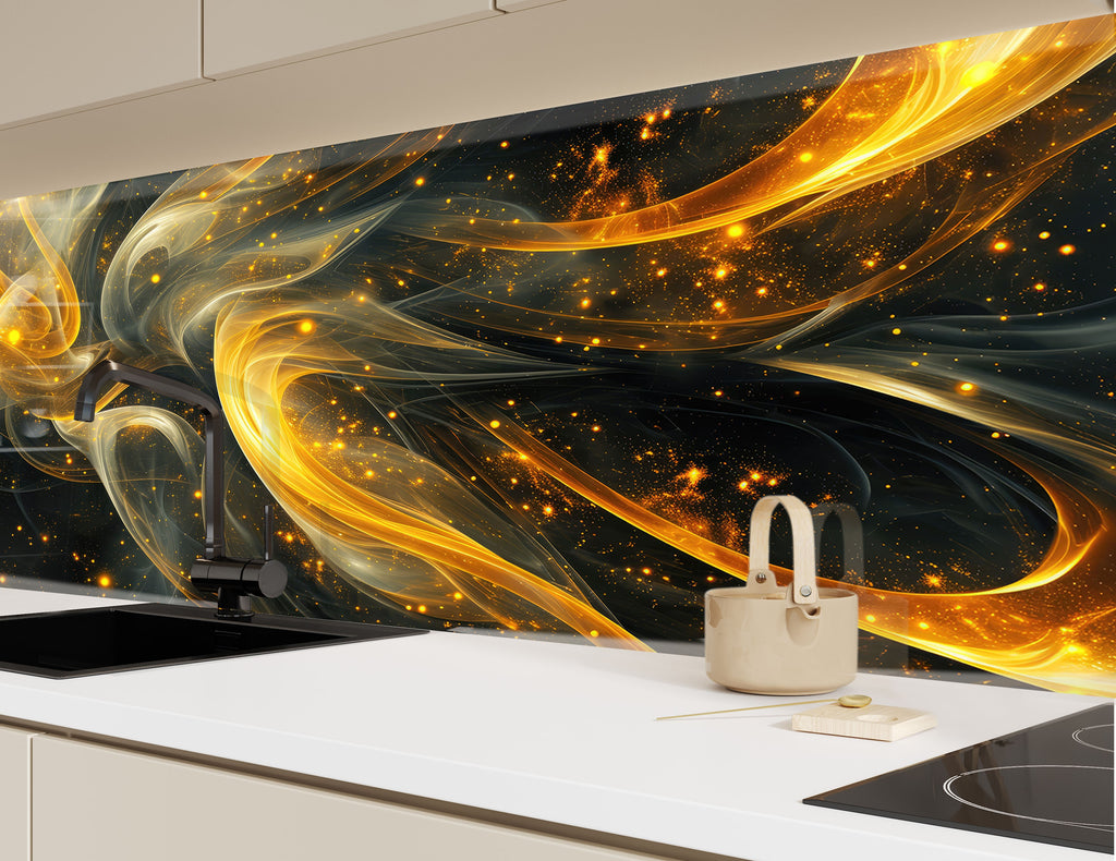 Golden Ember Luxurious - Tempered Glass Kitchen Backsplash-BacksplashArtworks