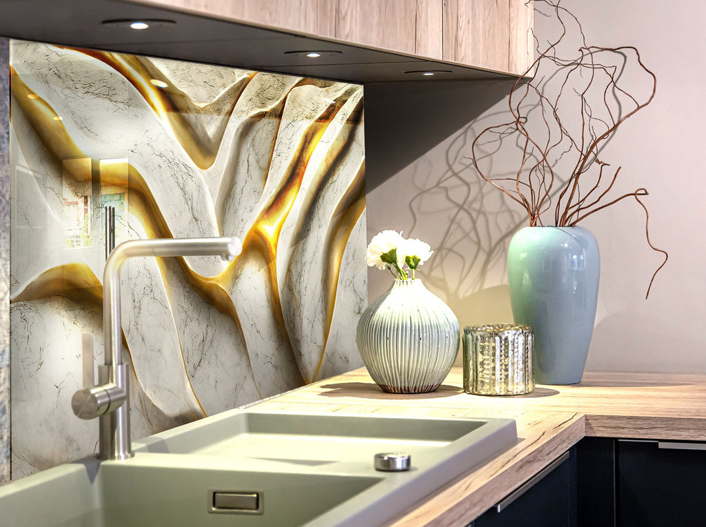 Golden Marble Waves - Glass Kitchen Backsplash-BacksplashArtworks