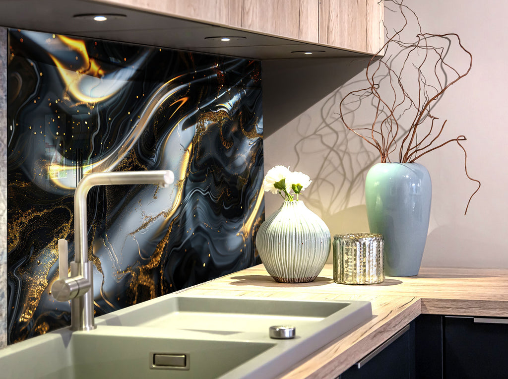 Midnight Gold Elegance - Glass Kitchen Backsplash-BacksplashArtworks