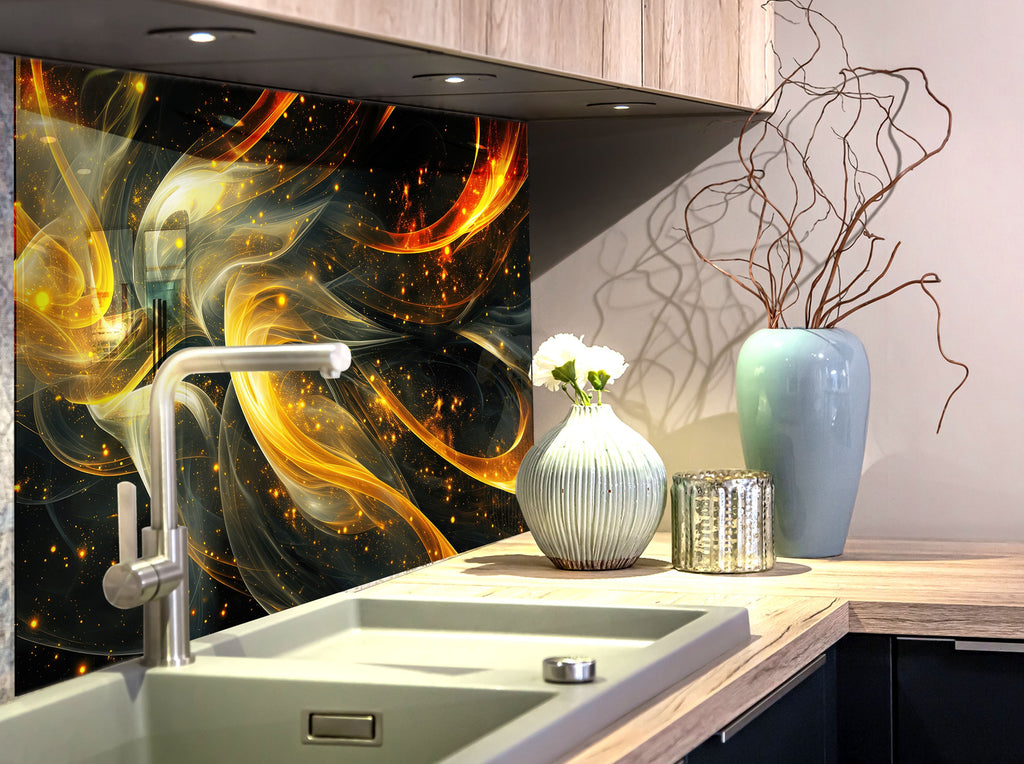 Golden Ember Luxurious - Tempered Glass Kitchen Backsplash-BacksplashArtworks