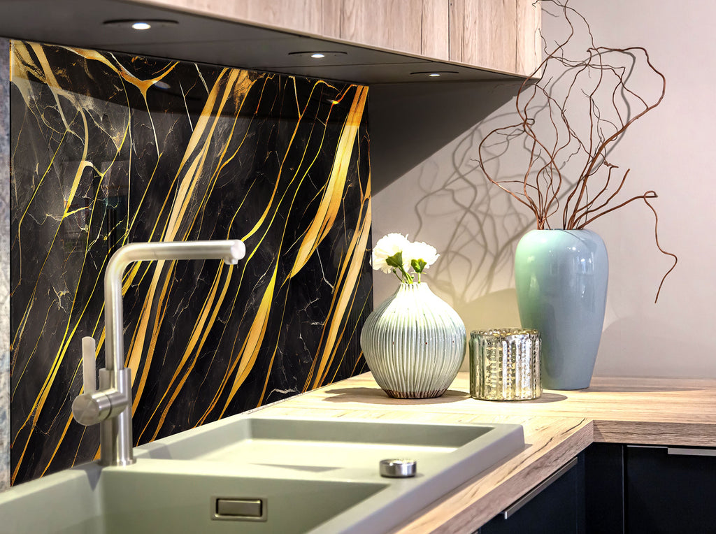 Golden Veins Luxurious - Glass Kitchen Backsplash-BacksplashArtworks