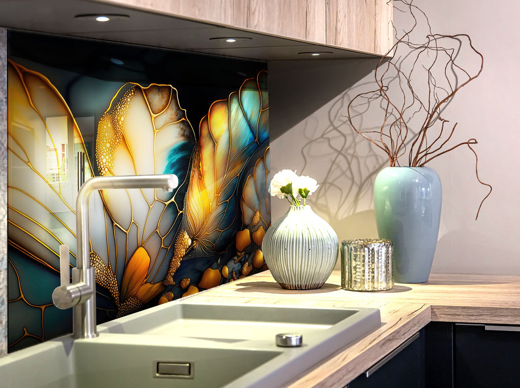 Golden Butterfly Elegance Luxurious - Glass Kitchen Backsplash-BacksplashArtworks