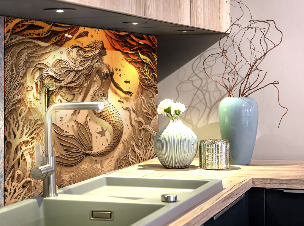 Sand Mermaid - Glass Kitchen Backsplash-BacksplashArtworks