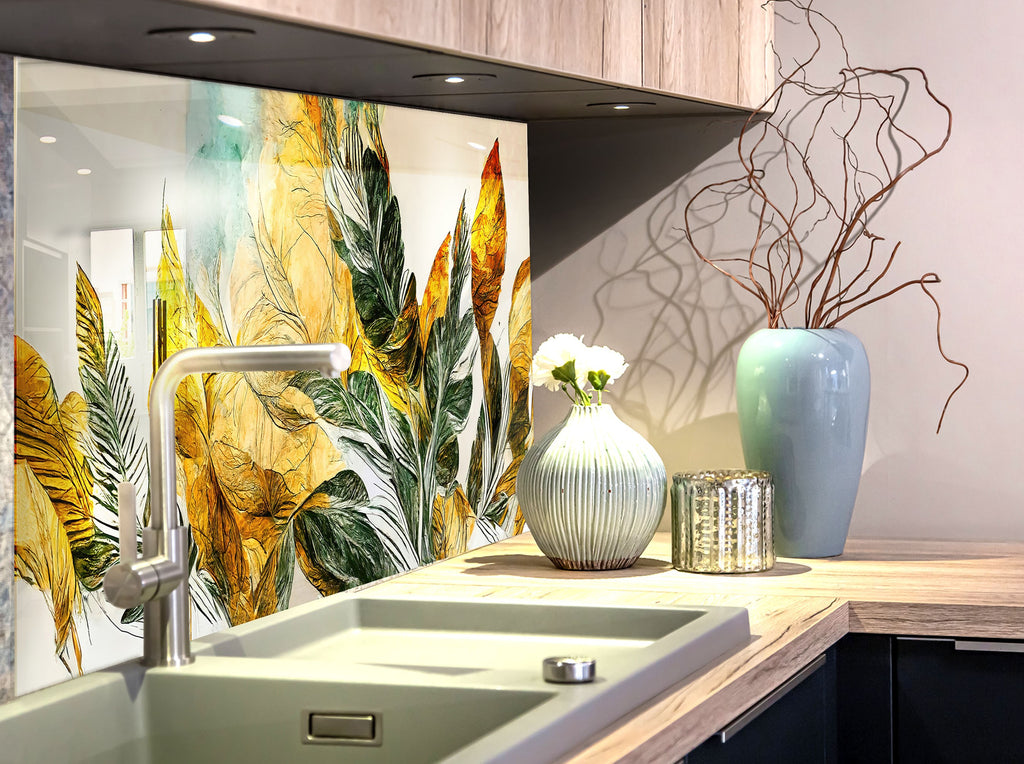 Golden Botanical Elegance Luxurious - Glass Kitchen Backsplash-BacksplashArtworks