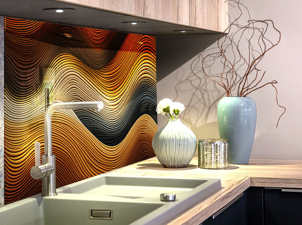 Golden Waves Luxurious - Glass Kitchen Backsplash-BacksplashArtworks