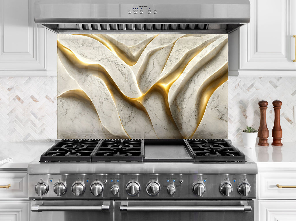 Golden Marble Waves - Glass Kitchen Backsplash-BacksplashArtworks