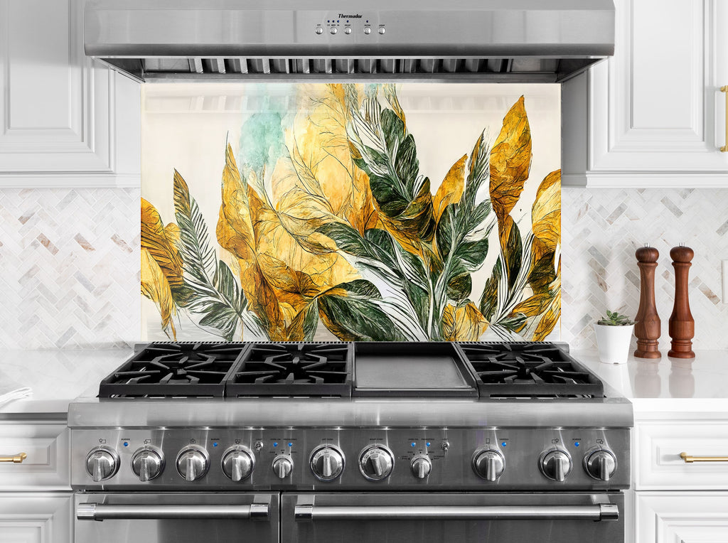 Golden Botanical Elegance Luxurious - Glass Kitchen Backsplash-BacksplashArtworks