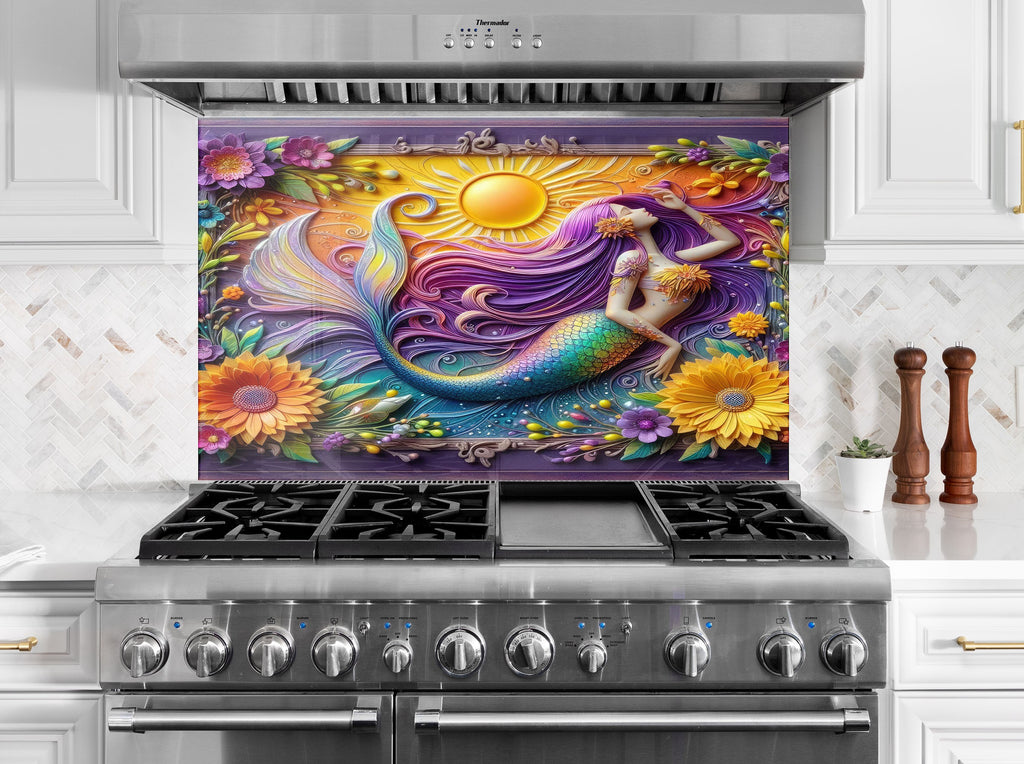 Sunlit Mermaid - Glass Kitchen Backsplash-BacksplashArtworks