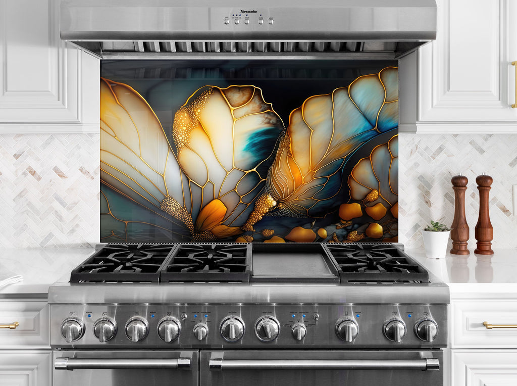 Golden Butterfly Elegance Luxurious - Glass Kitchen Backsplash-BacksplashArtworks