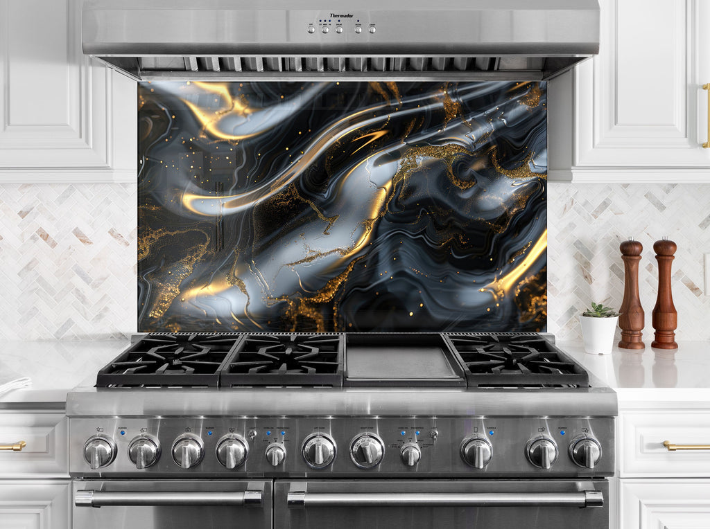 Midnight Gold Elegance - Glass Kitchen Backsplash-BacksplashArtworks