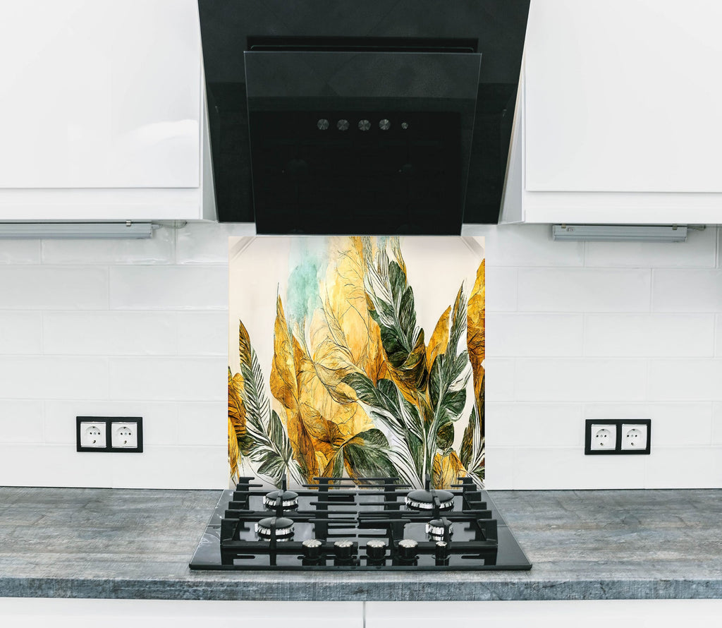 Golden Botanical Elegance Luxurious - Glass Kitchen Backsplash-BacksplashArtworks