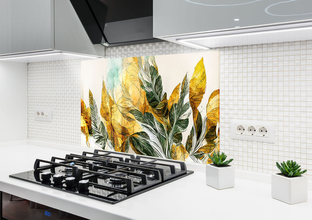 Golden Botanical Elegance Luxurious - Glass Kitchen Backsplash-BacksplashArtworks
