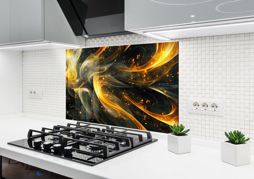 Golden Ember Luxurious - Tempered Glass Kitchen Backsplash-BacksplashArtworks