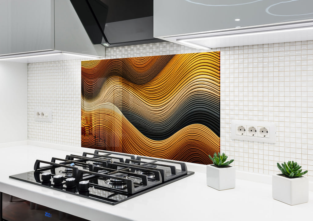 Golden Waves Luxurious - Glass Kitchen Backsplash-BacksplashArtworks