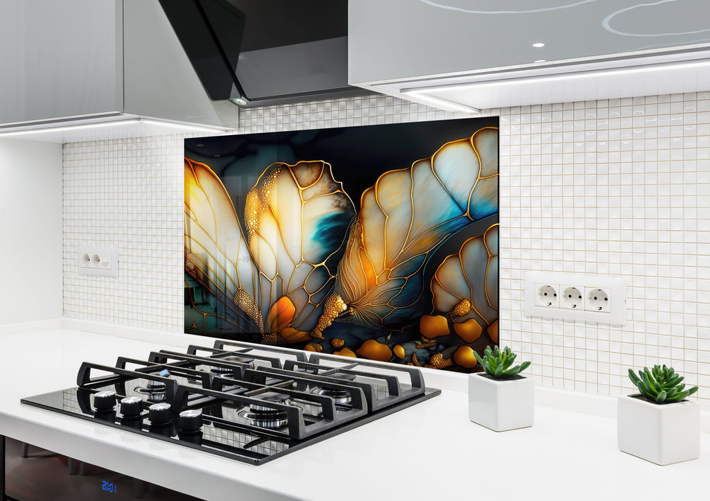 Golden Butterfly Elegance Luxurious - Glass Kitchen Backsplash-BacksplashArtworks