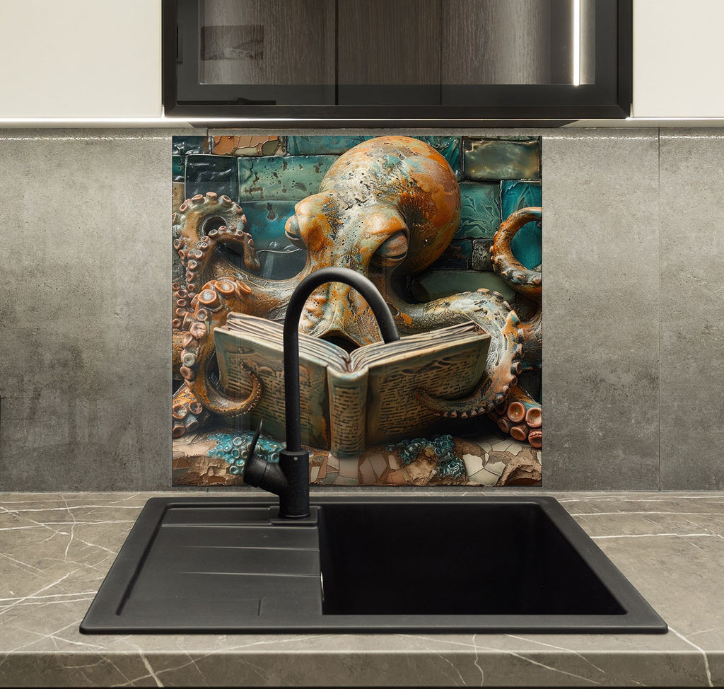 Octopus Scholar – Glass Kitchen Backsplash-BacksplashArtworks