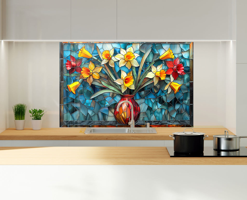 Stained Glass Daffodil Vase - Glass Kitchen Backsplash-BacksplashArtworks