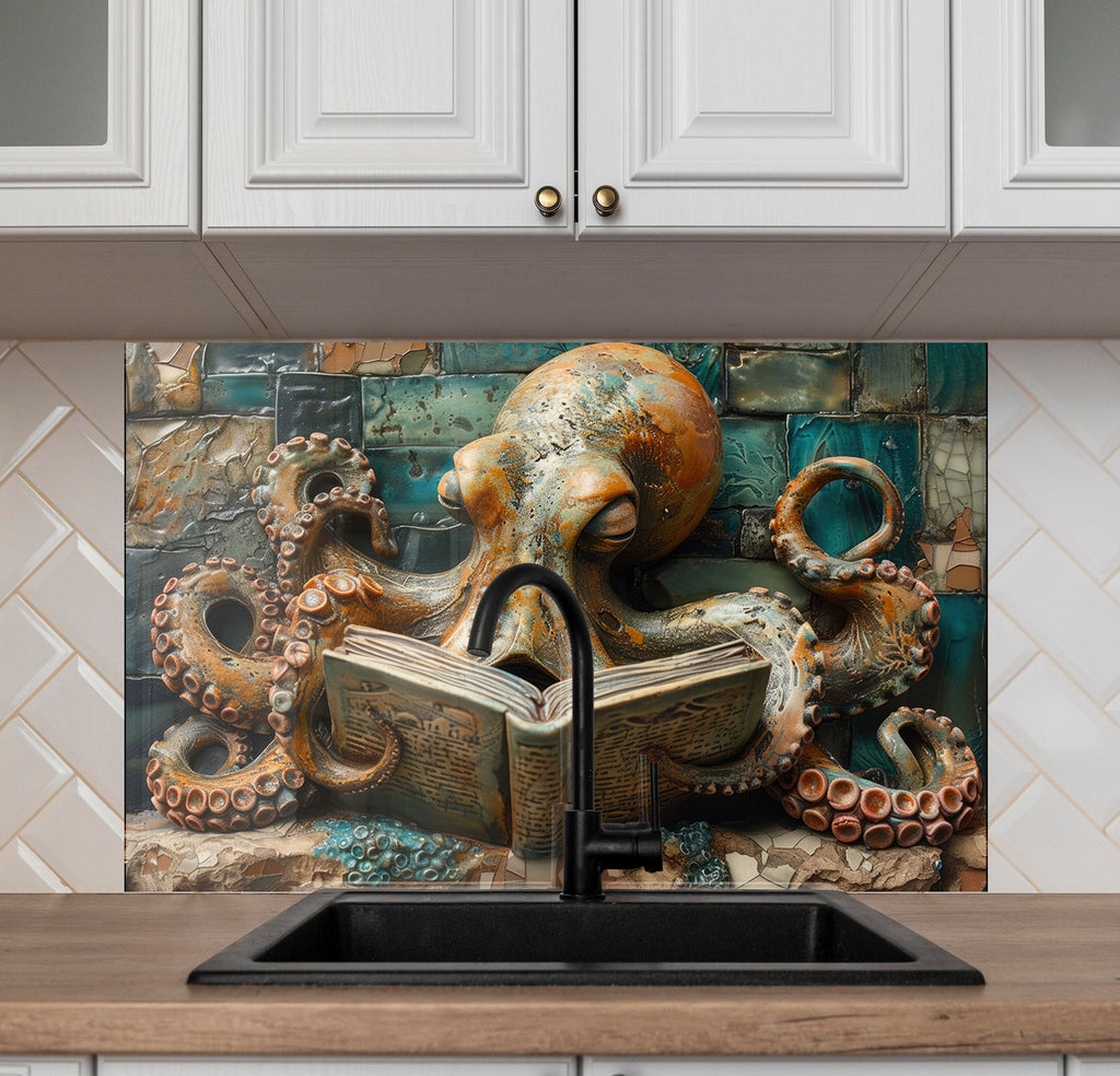 Octopus Scholar – Glass Kitchen Backsplash-BacksplashArtworks