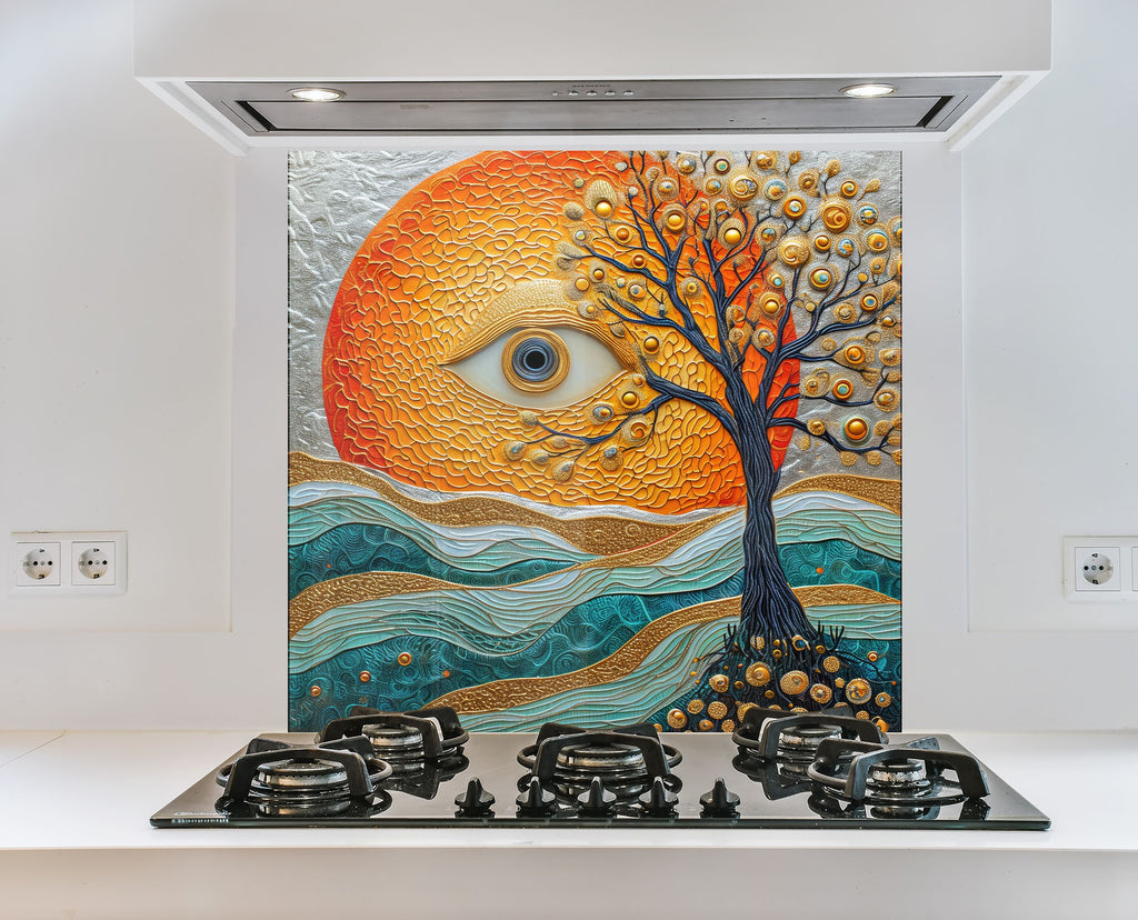 Mystical Sun & Tree - Glass Kitchen Backsplash-BacksplashArtworks