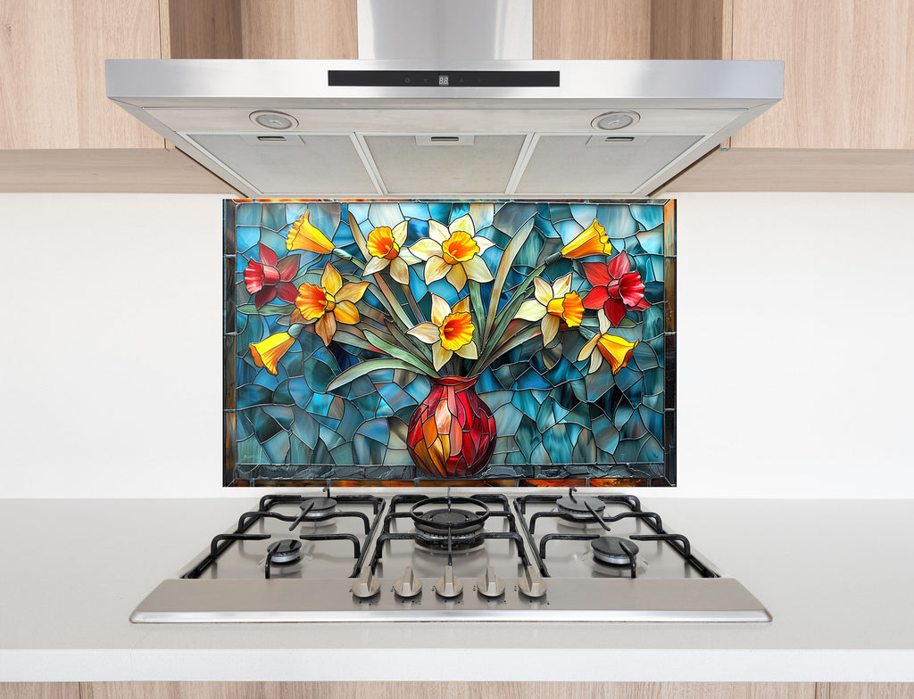 Stained Glass Daffodil Vase - Glass Kitchen Backsplash-BacksplashArtworks