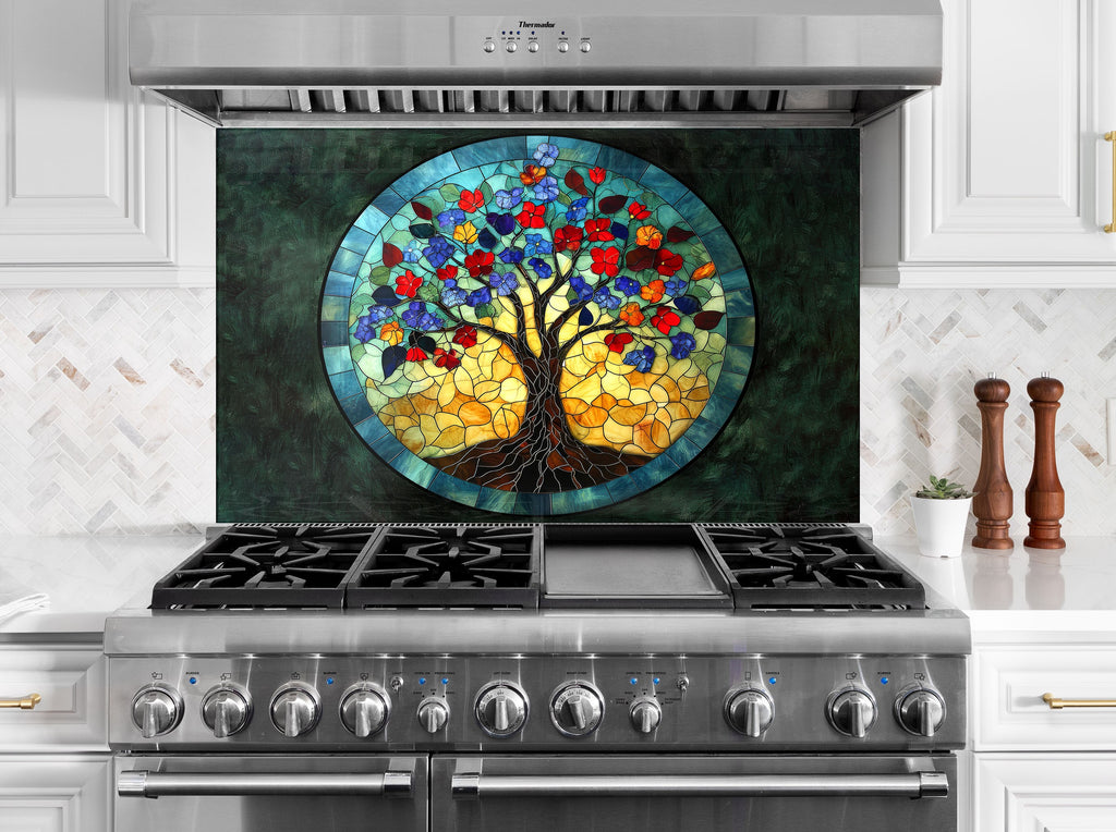 Vibrant Stained Tree of Life - Glass Kitchen Backsplash-BacksplashArtworks