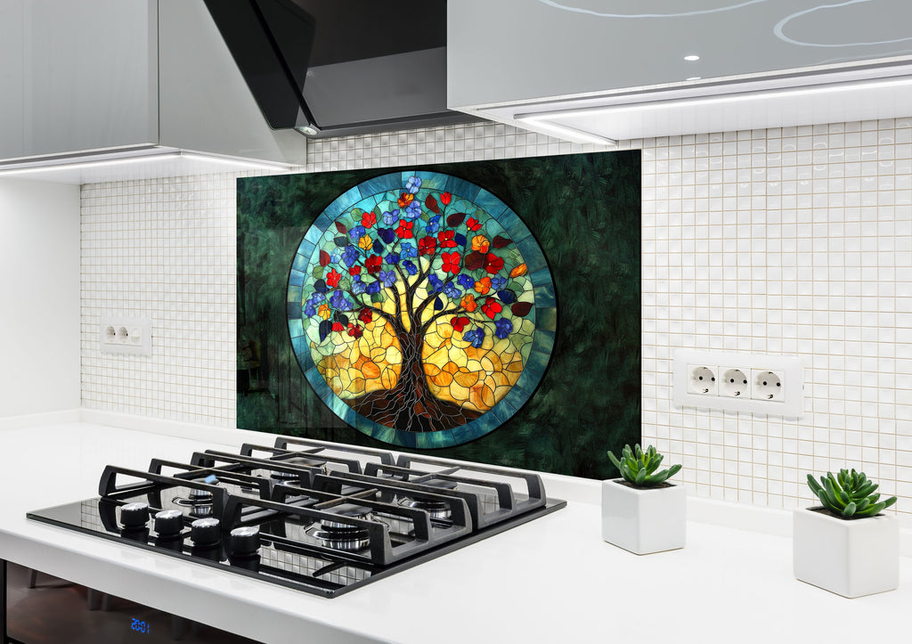 Vibrant Stained Tree of Life - Glass Kitchen Backsplash-BacksplashArtworks