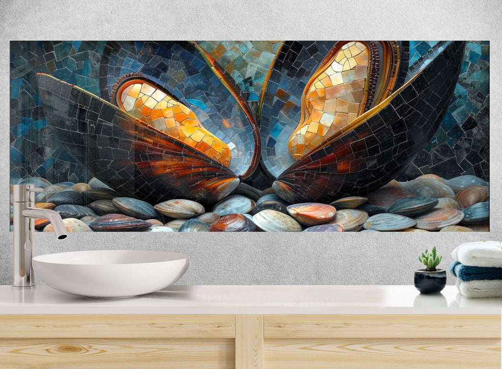 Mosaic Glass Kitchen Backsplash with Open Oyster and Pearl Design-BacksplashArtworks