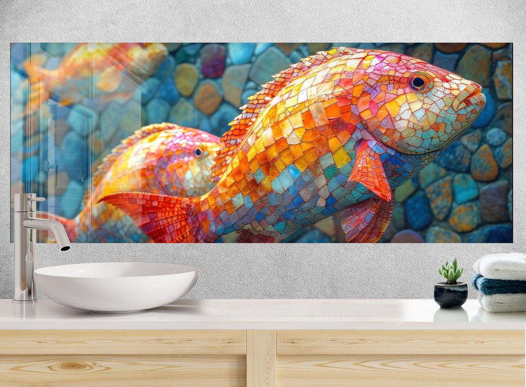 Mosaic-Inspired Tempered Glass Kitchen Backsplash with Colorful Fish Design-BacksplashArtworks