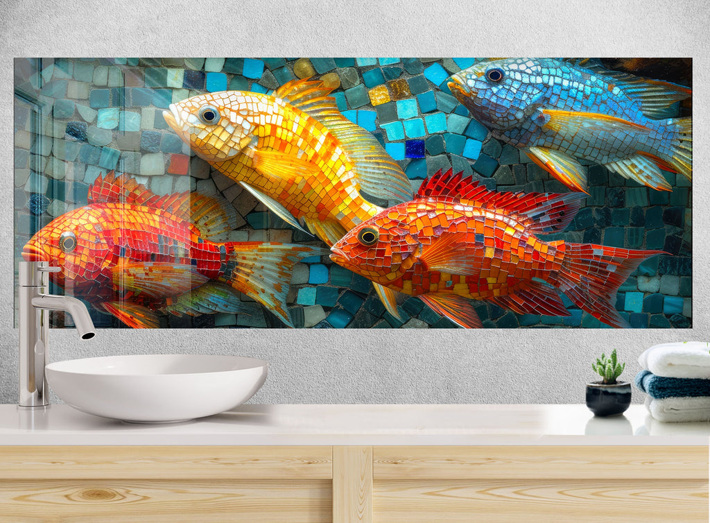 Mosaic-Inspired Glass Kitchen Backsplash with Colorful Fish Design-BacksplashArtworks