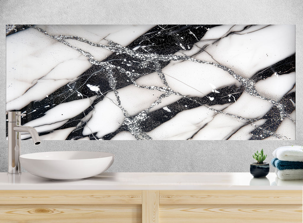 Black & White Abstract Marble - Glass Kitchen Backsplash-BacksplashArtworks