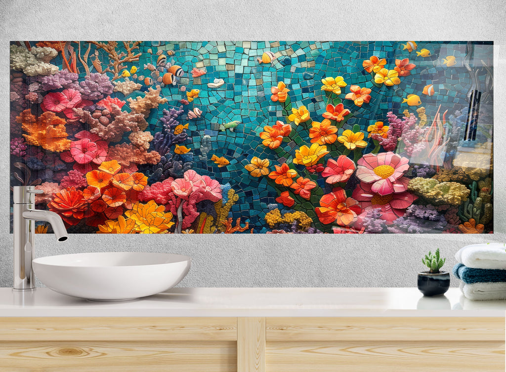 Mosaic-Inspired Tempered Glass Kitchen Backsplash with Colorful Coral Reef Design-BacksplashArtworks