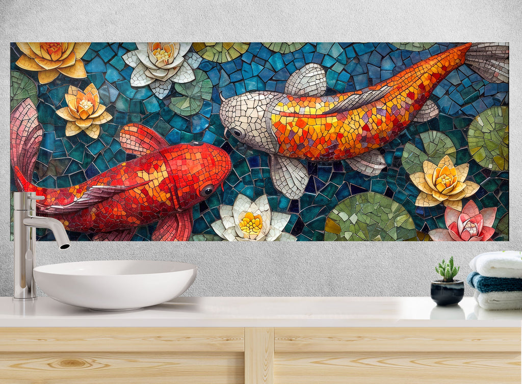 Mosaic Glass Kitchen Backsplash with Koi Fish and Water Lily Design-BacksplashArtworks