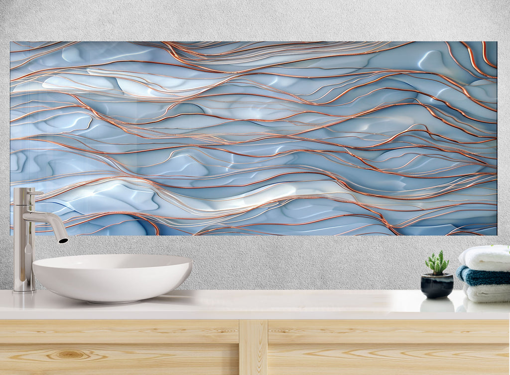 Wave Texture Blue & Copper - Glass Kitchen Backsplash-BacksplashArtworks