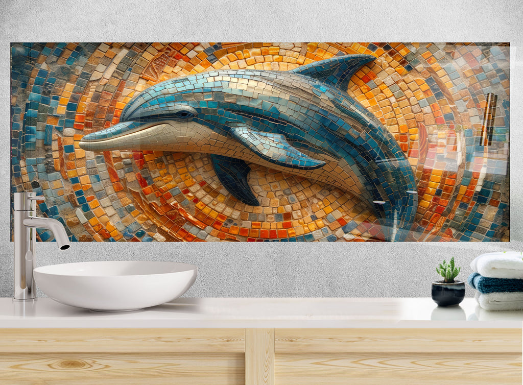 Mosaic-Inspired Tempered Glass Kitchen Backsplash with Dolphin Design-BacksplashArtworks