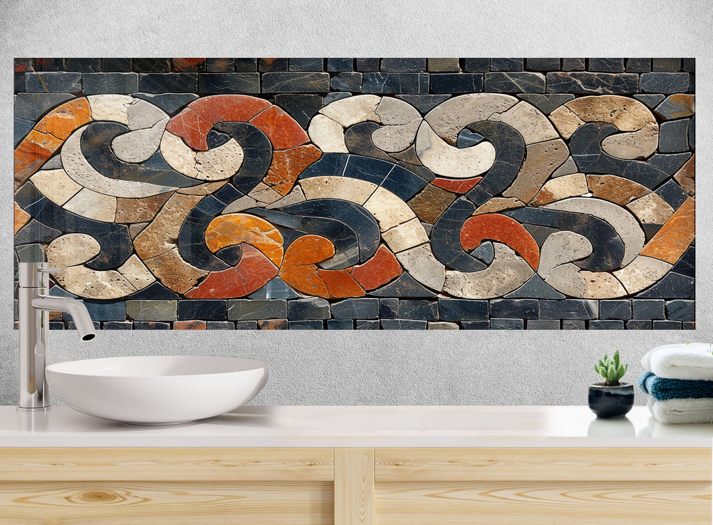 Mosaic Tempered Glass Kitchen Backsplash with Geometric Swirl Design-BacksplashArtworks