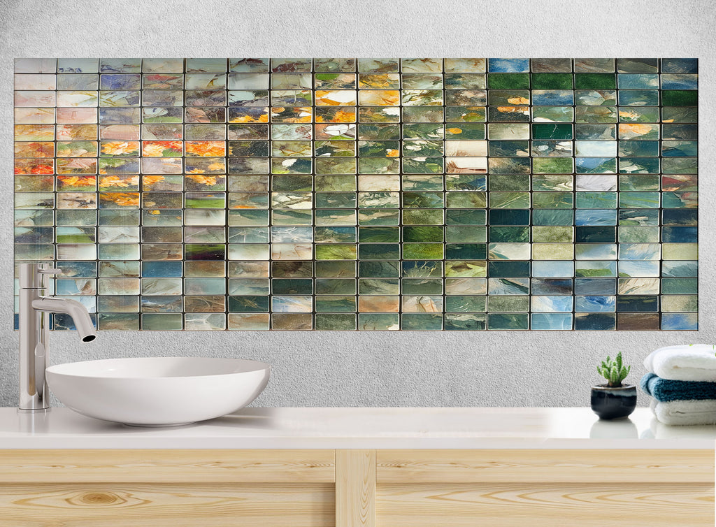 Mosaic Tempered Glass Kitchen Backsplash with Green and Earthy Tones Design-BacksplashArtworks