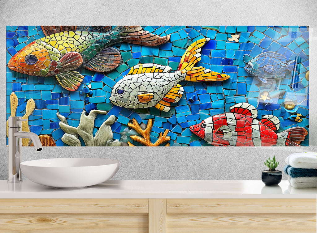 Mosaic Tempered Glass Kitchen Backsplash with Colorful Fish and Coral Design-BacksplashArtworks