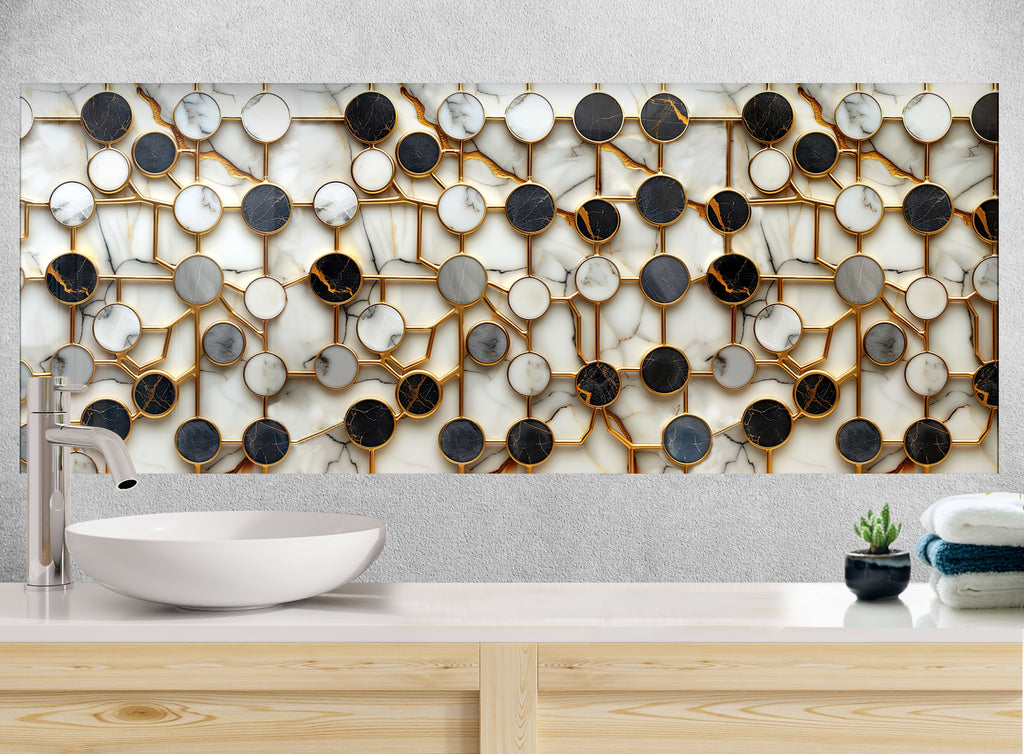 Modern Gold & Marble Circles - Glass Kitchen Backsplash-BacksplashArtworks