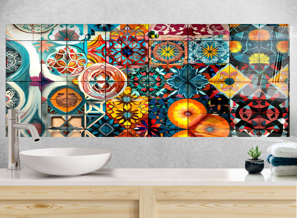 Mosaic Tempered Glass Kitchen Backsplash with Colorful Geometric Design-BacksplashArtworks