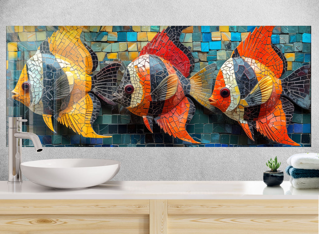 Mosaic-Inspired Glass Kitchen Backsplash with Colored Fish Design-BacksplashArtworks