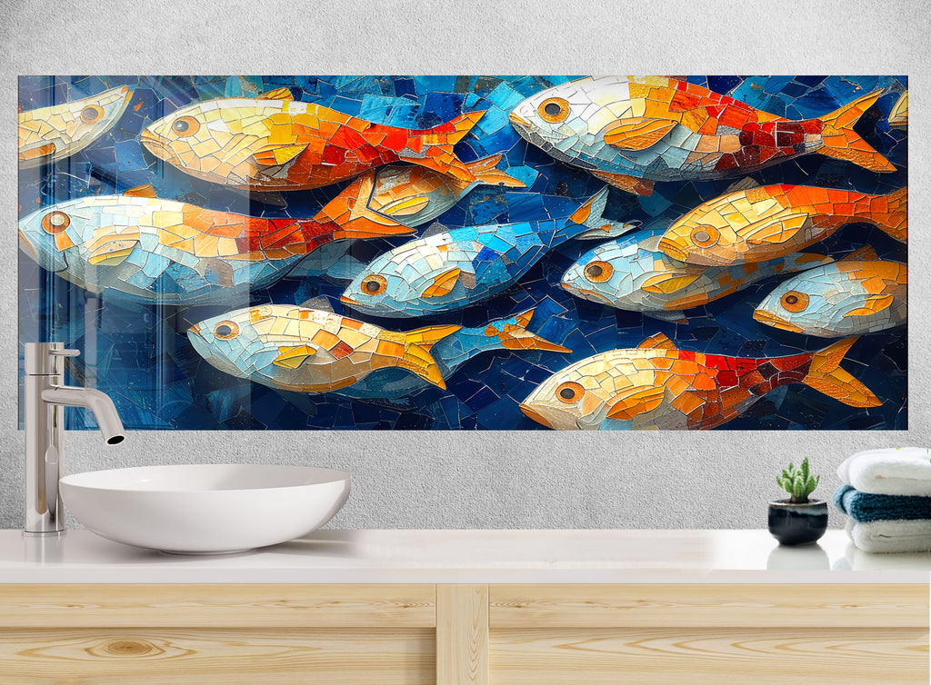 Mosaic-Inspired Tempered Glass Kitchen Backsplash with Colorful Fish Design-BacksplashArtworks